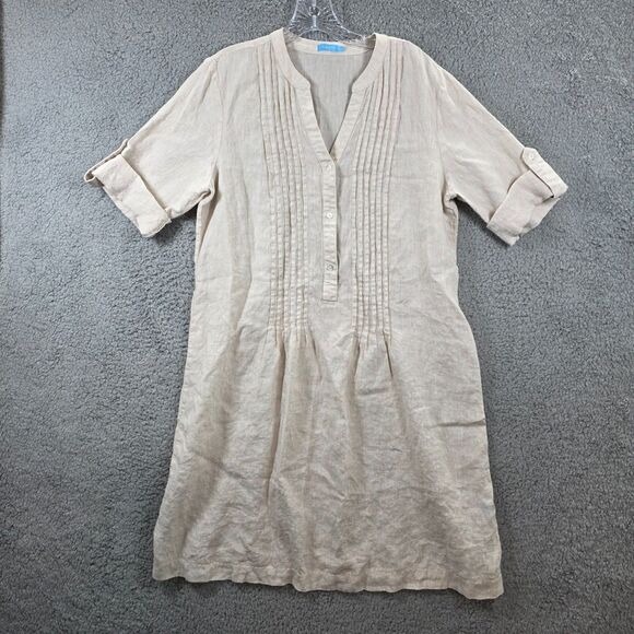 J. McLaughlin Women's Beige Linen Tunic Top Pleated Bodice Short Sleeve Size L - Picture 1 of 12